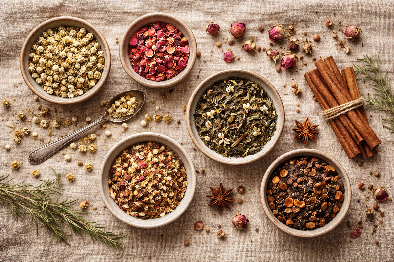 Nossa coleção de ervas — camomila, hibisco, chá verde, blend e chai