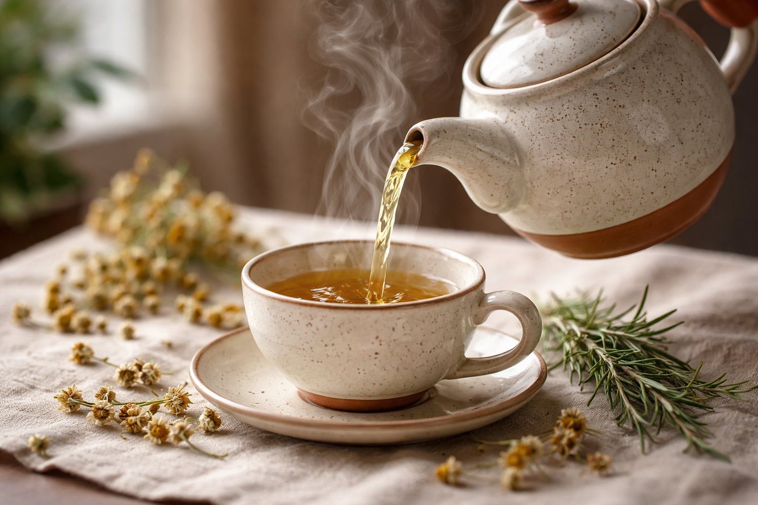 Ritual do chá — bule cerâmico servindo infusão