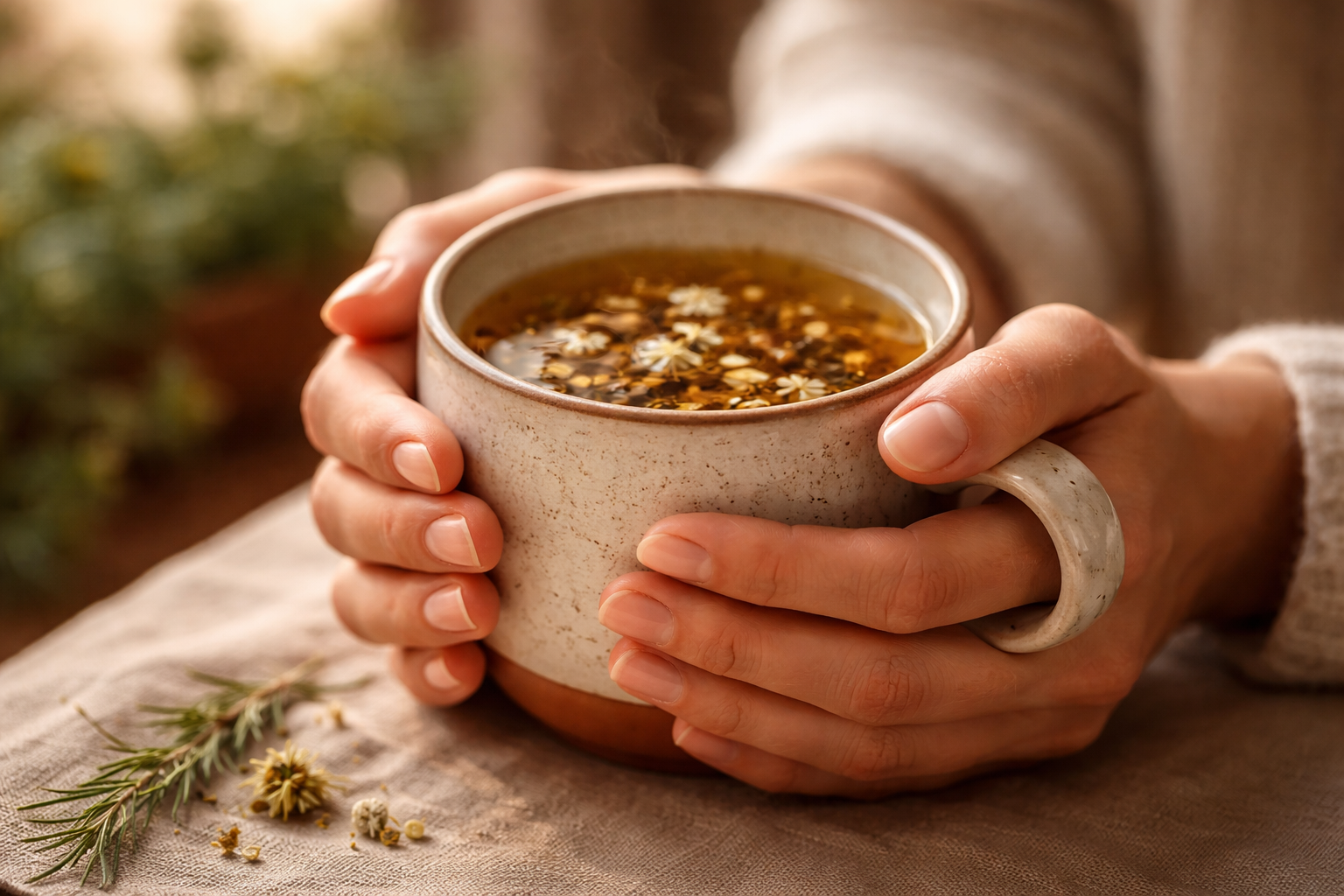 Mãos segurando xícara de chá de ervas